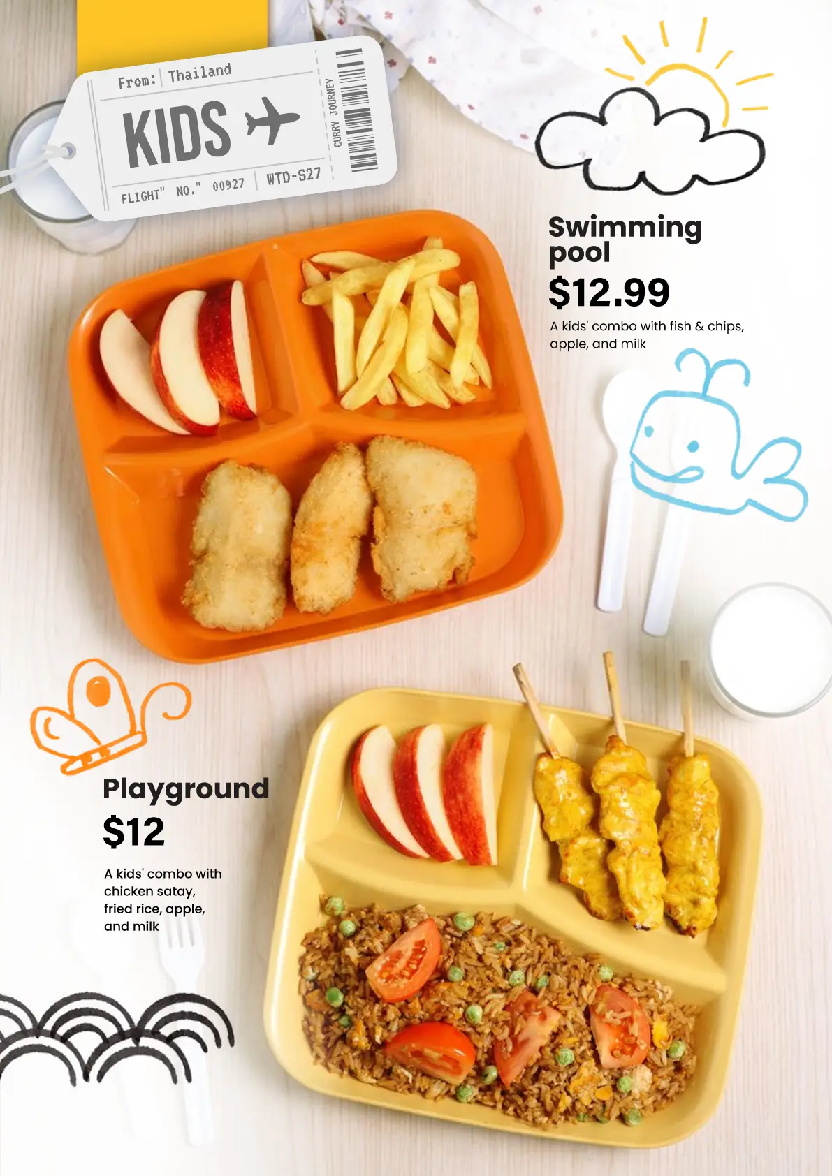 Thai Food Monterey Kids Menu Fish and Chips and Satay Fried Rice