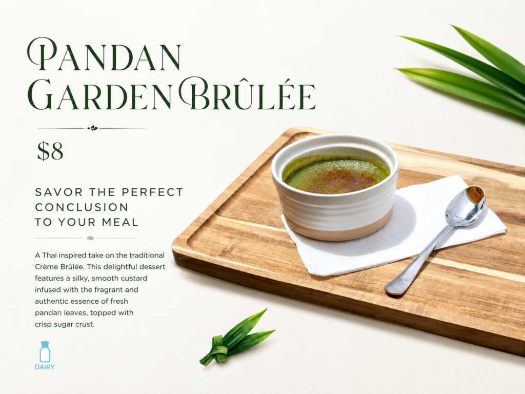 Pandan Garden Brûlée Thai dessert at Curry Journey in Monterey CA